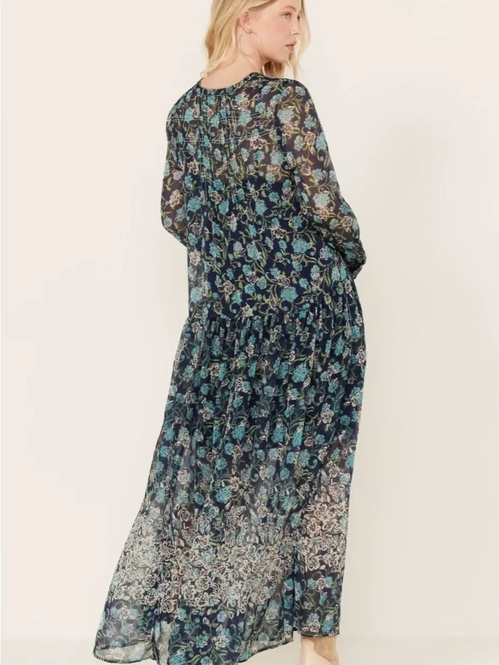 Free People Navy Blue Floral Boho Maxi Dress XS Cottagecore Festival Midi Maxi